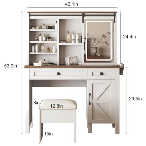 Farmhouse Vanity Desk with Mirror and Lights, 42" W Makeup Vanity Desk with Sliding Mirror, Barn Door Vanity with Hairdryer Holder and Charging Station, Large Makeup Vanity with Storage Bench, White HIROHRTV