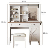 Farmhouse Vanity Desk with Mirror and Lights, 42" W Makeup Vanity Desk with Sliding Mirror, Barn Door Vanity with Hairdryer Holder and Charging Station, Large Makeup Vanity with Storage Bench, White HIROHRTV