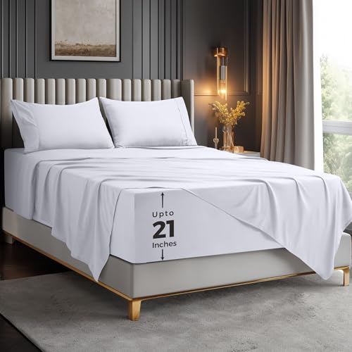Utopia Bedding King Size Extra Deep Pocket Sheet Set – Fits Mattresses Up to 21 inches – Cooling, Soft & Breathable – Oeko-Tex 4 Piece Bed Sheets (White) Utopia Bedding