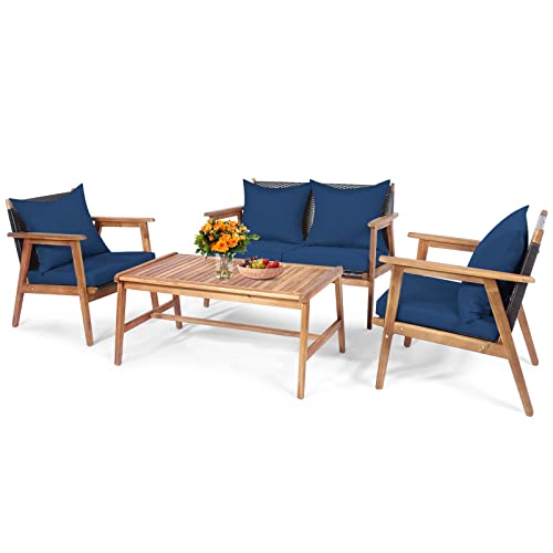 Tangkula 4-Piece Patio Furniture Set, Outdoor Acacia Wood Conversation Set with Cushions and Coffee Table, Outdoor PE Wicker Sectional Sofa Set for Garden, Poolside and Backyard (1, Navy)