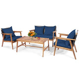 Tangkula 4-Piece Patio Furniture Set, Outdoor Acacia Wood Conversation Set with Cushions and Coffee Table, Outdoor PE Wicker Sectional Sofa Set for Garden, Poolside and Backyard (1, Navy) Tangkula