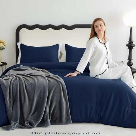 CozyLux Navy Blue Full Size Comforter Set, 3 Pieces Solid Breathable Quilted Style Bedding Sets, Luxury Fluffy Soft Bed Set with Down Alternative Comforter for All Season (1 Comforter & 2 Pillowcases) CozyLux
