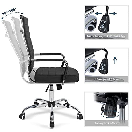 BOWTHY Home Office Chair Ribbed, Modern Leather Conference Room Chairs, Ergonomic Office Desk Chair, High Back Executive Computer Chair, Adjustable Swivel Chair with Arms (Black) BOWTHY