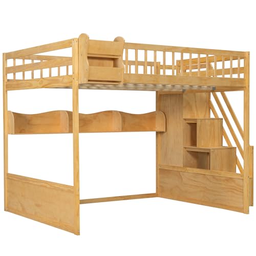 Merax Queen Size Wood Loft Bed Frame with Staircase,Storage Shelves & Wardrobe for Teens, Modern Loft Bed with Solid Slats, Guardrail, No Box Spring Required, Easy Assembly, for Bedroom, Natural Merax