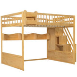 Merax Queen Size Wood Loft Bed Frame with Staircase,Storage Shelves & Wardrobe for Teens, Modern Loft Bed with Solid Slats, Guardrail, No Box Spring Required, Easy Assembly, for Bedroom, Natural Merax