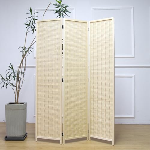 Furnnylane 3 Panel Room Divider and Folding Panel Screen,Bamboo Panel Divider Screen for Room Separation,Beige,67" H x 46" W Furnnylane