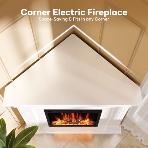 ZAFRO 43 Inch Corner Fireplace TV Stand with Mantel - Electric Fireplace Heater, Wooden Entertainment Center, Adjustable LED Flame, White ZAFRO
