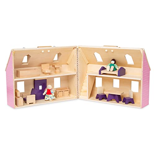 Melissa & Doug Fold and Go Wooden Dollhouse With 2 Dolls and Wooden Furniture,Multi,One Size - WoodArtSupply