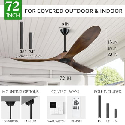 Eliora 72 Inch Ceiling Fan with Remote and Wall Switch, Large Wood Ceiling Fan Without Light 3 Blades, Outdoor Ceiling Fans 6 Speed, Quiet DC Motor for Patios-Deep Walnut