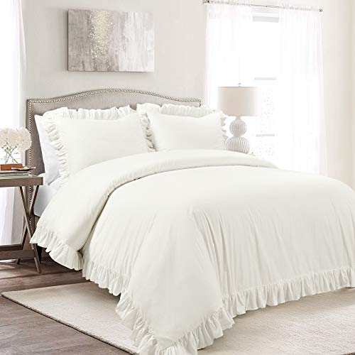 Lush Decor Reyna Ruffle Cotton Duvet Cover Set 3 Piece Set Full/ Queen, White - Queen Size Bedding Set - White Duvet Queen- Ruffled Bedding - Coquette Decor Lush Decor
