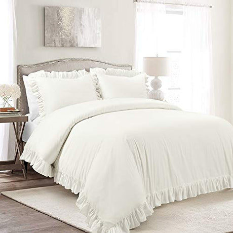 Lush Decor Reyna Ruffle Cotton Duvet Cover Set 3 Piece Set Full/ Queen, White - Queen Size Bedding Set - White Duvet Queen- Ruffled Bedding - Coquette Decor Lush Decor
