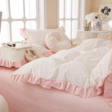 Pink Floral Duvet Cover Queen Chic Flower Print Ruffle Duvet Cover Cotton Lace Comforter Cover Country Style Floral Bedding Set Girls Ruffle Comforter Cover Flower Queen Duvet Cover with 2 Pillowcases LifeTB