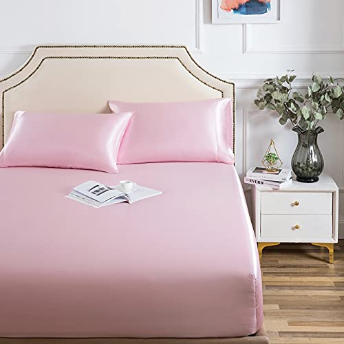 Satin Fitted Sheet, Full Fitted Sheet Only, 1 - Piece Ultra Soft Deep Pocket Single Silk Bottom Bed Sheet Full - Pink Luxbedding