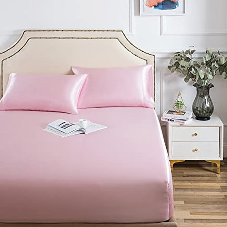 Satin Fitted Sheet, Full Fitted Sheet Only, 1 - Piece Ultra Soft Deep Pocket Single Silk Bottom Bed Sheet Full - Pink Luxbedding