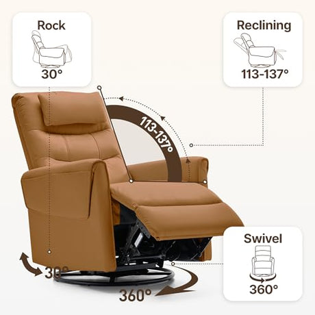 AIRSKY Leather Recliner Chair, Top Grain Leather, Italian Water-Washing Process, Movable Headrest,Swivel Rocker Recliner, Nursery Rocking Chairs,Wall Hugger Recliners, Living Room Chair, R3 (Brown) AIRSKY