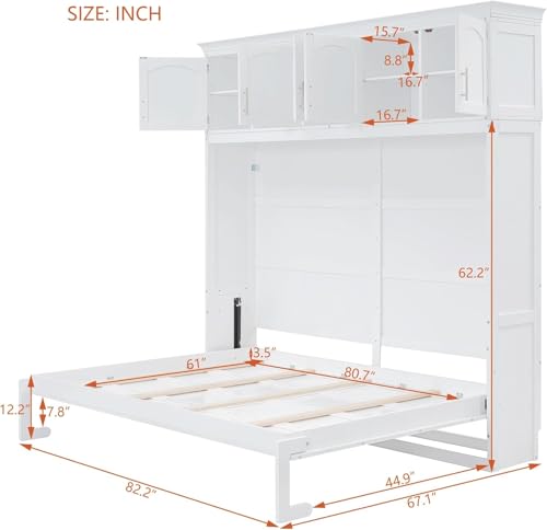 Virubi Queen Horizontal Murphy Bed with Storage Cabinet,Wood Folding Murphy Wall Bed for Adult (White,Queen) Virubi