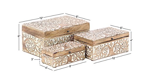 Deco 79 Mango Wood Floral Decorative Box Decorative Keepsake Boxes with Hinged Lid, Set of 3 Storage Boxes 8", 10", 12"W, Brown Deco 79
