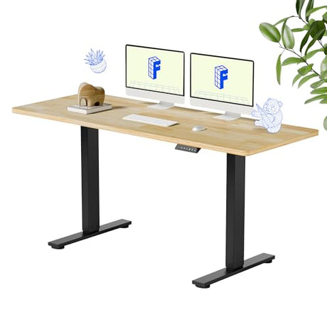 FLEXISPOT EN1 One-Piece Solid Wooden Standing Desk 63 x 24 Inches Height Adjustable Electric Sit Stand Home Office Desks (Black Frame + Rubber Wood Top, 2 Packages) FLEXISPOT