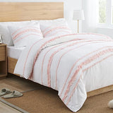 Bohemian Boho Chic White and Pink Macrame Tufted Tassel 3 pc. Full / Queen Size Bed Bedding Set Duvet Comforter Cover Sham Blush Pink Textured Minimalist Cotton Fringe Farmhouse Indie Neutral Rustic KB & Me