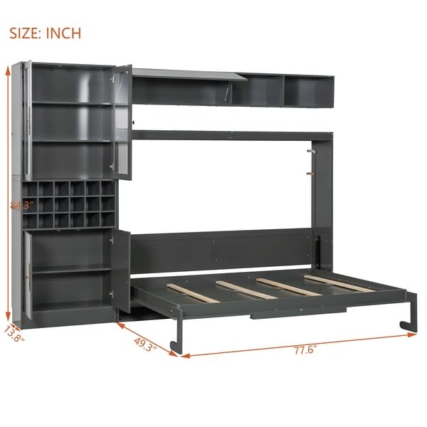 Polibi Full Size Murphy Bed with Sofa Function - Space-Saving Wall Bed, Shelves USB and Light, for Small Apartments/Studios, Gray Polibi