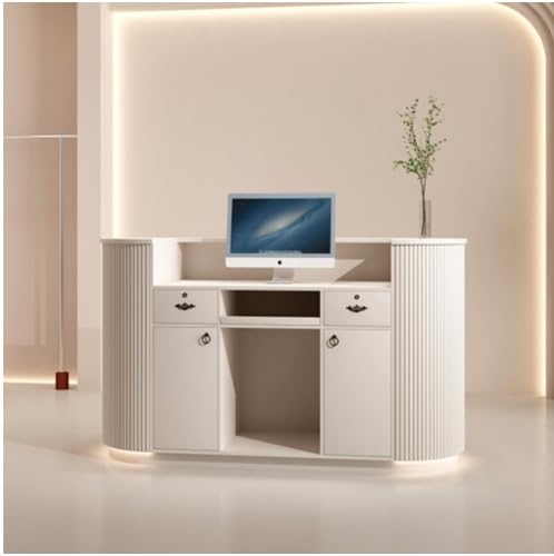 Reception Desk Simple Modern LED Light Bar Counter Curved Checkout Page Store Small Beauty Salon Front Desk Counter Light Luxury Nail Salon(100x60x100cm) SUHEIDOU