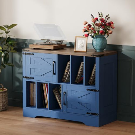 BouPower 39" Large Vinyl Record Player Stand with Vinyl Storage, Farmhouse Wood Turntable Record Player Stand with Storage Cabinet and 2 Barn Doors to 450 Albums for Living Room Bedroom, Navy Blue BouPower