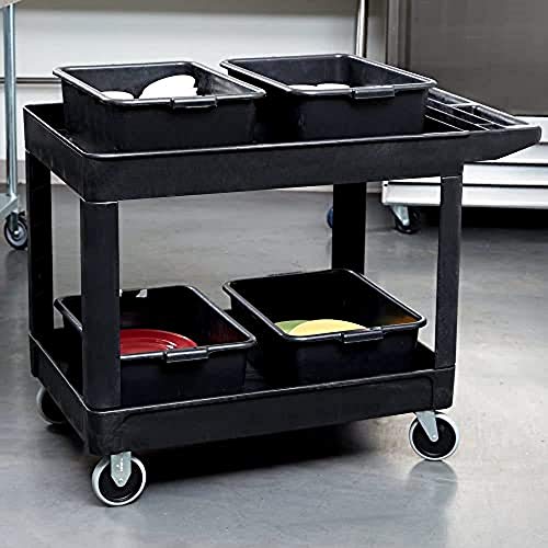 Rubbermaid Commercial Products 2-Shelf Utility/Service Cart, Medium, Lipped Shelves, Storage Handle, 500 lbs. Capacity, for - WoodArtSupply