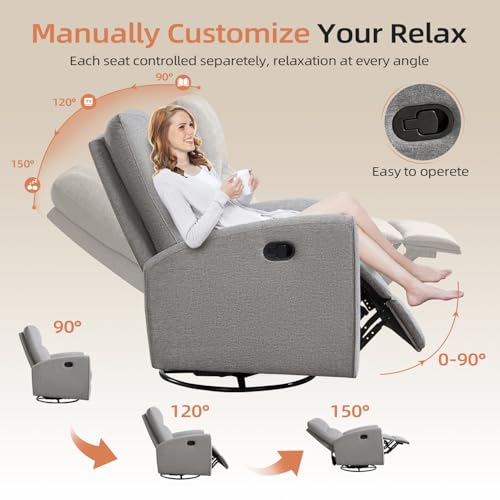 CANMOV Recliner Rocker Swivel Chair, Manual Chenille Glider Rocking Chair, Swivel Glider Recliners with Soft Backrest, 360° Swivel Nursery Reclining Sofa for Living Room Bedroom, Light Grey
