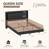Belffin Floating Bed Frame Queen Size with LED Lights & Charging Station, Wooden Headboard with Hidden Storage and Faux Leather Backrest, Easy Cleaning, No Box Spring Needed, Noise-Free, Black Belffin