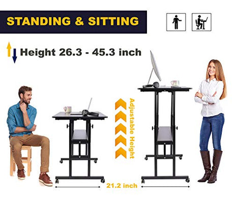 AIZ Mobile Standing Desk, Adjustable Computer Desk Rolling Laptop Cart on Wheels Home Office Computer Workstation, Portable Laptop Stand Tall Table for Standing or Sitting, Black, 39.4" x 23.6" AIZ
