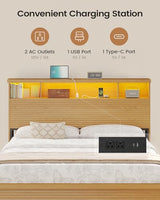 VIAGDO Wood Bed Frame Queen Size with 4 Storage Drawers & Bookcase Headboard, Led Wooden Queen Bed Frame with Charging Station,No Box Spring Needed,Wood VIAGDO