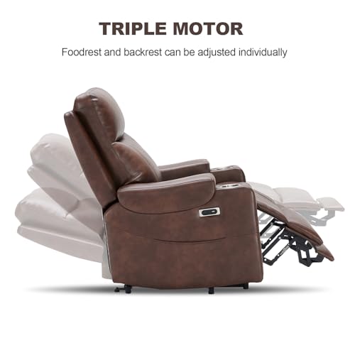 Eiayeebil Triple Motor Power Lift Recliner Chair with Adjustable Lumbar Support, Lay Flat Recliner for Elderly, Breathable Brown Leather Recliner, Lift Chair Massage & Heating, USB Ports, Cup Holders Eiayeebil