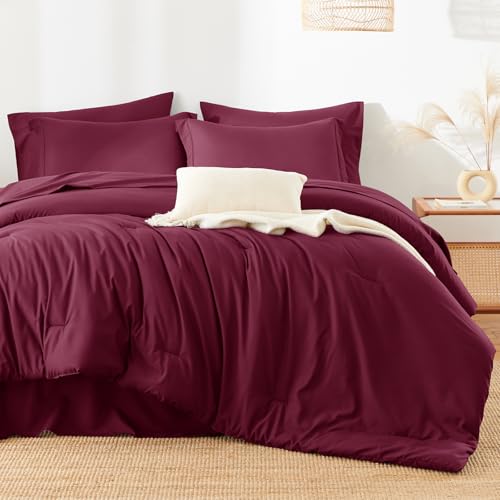 HIMEET Full Size Comforter Sets - 7 Pieces Bed in a Bag Full, Luxury Comforter Set with Sheets for All Season, Bed Set with Comforter, Flat Sheet, Fitted Sheet, Pillowcases & Shams, Burgundy HIMEET