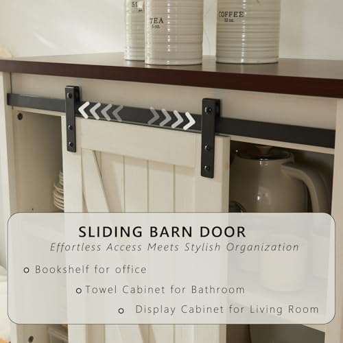 Aitjunz 72” Tall Farmhouse Bookshelf, 32” Wide Large Wooden Bookcase with Sliding Barn Door, 5-Tier Storage Cabinet with Adjustable Shelves, Modern Versatile Cabinet for Living Room, Bedroom, White Aitjunz