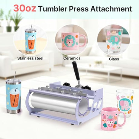 Slendor Heat Press Machine Sublimation Heat Press 360° Swing Away Heat Transfer Digital T-Shirt Pressing with 30OZ 20OZ Tumbler Press, Multifunction Combo for Hat Cap Plate 12''X15'' 5IN1 Lavender Slendor