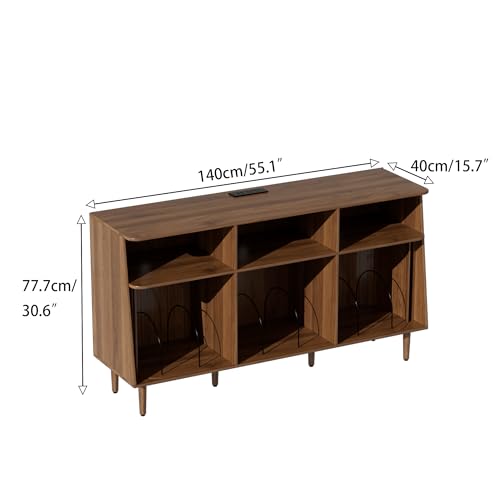Record Player Stand with Vinyl Storage, Mid Century Modern Vinyl Storage Cabinet with Power Outlet and Sliding Doors, Turntable Stand Table Holds Up to 350 Albums for Living Room (walnut, 55.1"W) tauxkoi