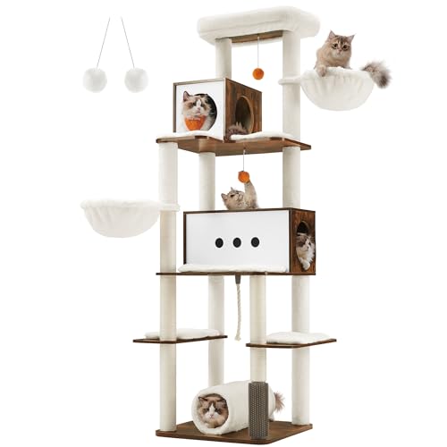 Feandrea Cat Tree, 77.5-Inch Tall Modern Cat Tower, Multi-Level Cat Condo with 2 Caves, 2 Baskets, 4 Scratching Posts, Self-Groomer, Tunnel, Perch, for Indoor Cats, Rustic Brown UPCT193X01 Feandrea