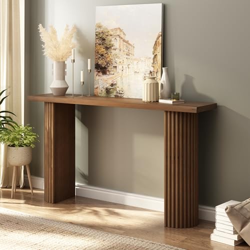 Fluted Solid Wood Console Table - 55 Inches Mid Century Modern Foyer Table, Entryway Hallway Minimalist Sofa Table, Half Round Legs HOKYHOKY