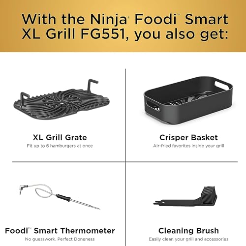 Ninja Indoor Grill, Foodi Smart XL 6-in-1 Indoor Grill with Air Fry, Roast, Bake, Broil & Dehydrate, Smart Thermometer, Black/Silver, FG551 Ninja