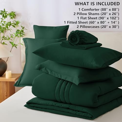 CozyLux Queen Size Comforter Sets - 7 Piece Bed in a Bag Emerald Green Comforter Set with Sheets Queen Bed Set All Seasons, Bedding Set with Down Alternative Comforter, Sheets, Pillowcases & Shams CozyLux