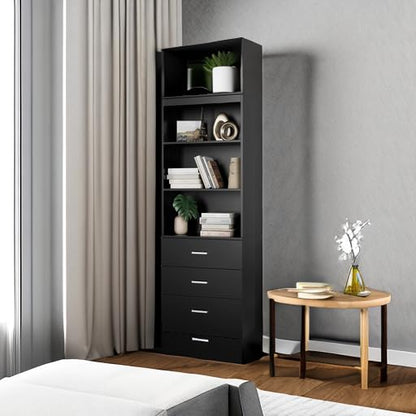 FOTOSOK 71 Inches Tall Vintage Storage Cabinet with 3 Drawers and Open Shelves - Elegant Wooden Bookshelf Organizer in Black - WoodArtSupply