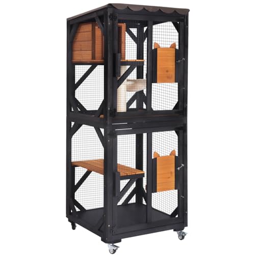 Aivituvin Cat House Window Catio Outdoor Cat Enclosure Mobile Kitty Shelter on Wheels Pet Cage with Resting Box,Hammocks,Waterproof Cover Aivituvin