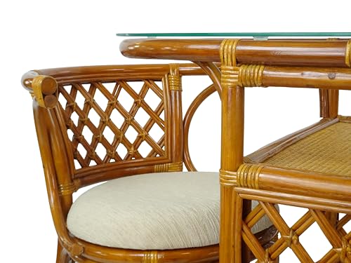 Borneo Compact Dining Set Colonial Color, Table with Glass Top + 2 Chairs with Cream Cushions, Handmade Natural Wicker Rattan Furniture Wickerix