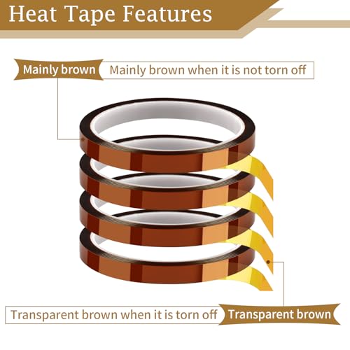 PEASUG Heat Tape, 4 Rolls High Temperature Heat Resistant Tape, Adhesive Heat Tape for Sublimation, Heat Press, Electronics, Soldering, Circuit Board, 10mm x33m(108ft) PEASUG