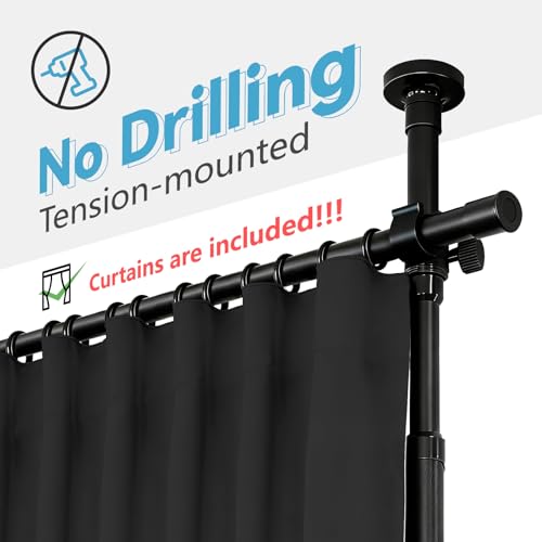 JILRON No-Drill Room Divider Curtain Set: Includes 106" W x 84" L Black Curtain & Adjustable Pole Brackets (35-100" W x 43-120" H Adjustable Range) Jilron