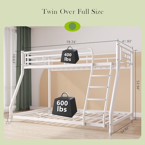 KAIFAM Metal Bunk Bed, Twin Over Full Bunk Bed with Safety Guardrail and Ladder, Bunk Beds Twin Over Full Size(White) KAIFAM