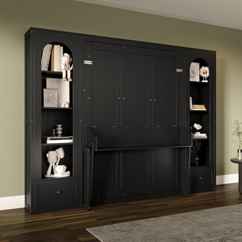Merax Queen Size Murphy Platform Bed with Shelf, Side Cabinets, Drawers and LED, Black Merax