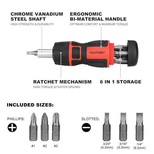 HAUTMEC 6-in-1 Stubby Ratcheting Screwdriver Set, Multi Screwdriver Tool All in One, Ratchet Screwdriver Set with Multi Bit Screw Driver, Chrome Vanadium Steel Shaft, 3PCS Phillips and 3PCS Slotted HAUTMEC