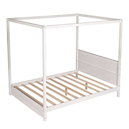 Favfurish Queen Size 4-Post Canopy Platform Bed with Headboard and Support Legs,Solid Wood Bed-Frame for Kids Teens Adults, No Box Spring Needed,Easy Assembly,White