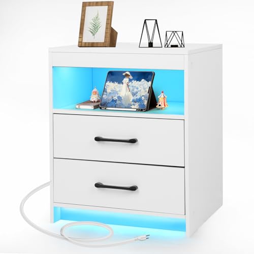ansefe Night Stand with Charging Station and Ambient Light, LED Nightstand with USB-C Ports and Outlets, Morden Bedside Table with 2 Drawers and Open Compartment, End Table for Bedroom, White ansefe